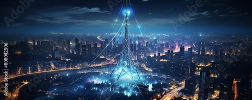 A cityscape with a tall tower in the middle and a network of lights surrounding it. The city is lit up at night, creating a sense of energy and excitement