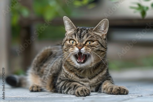 Tabby cat yawning on the wooden floor in the garden