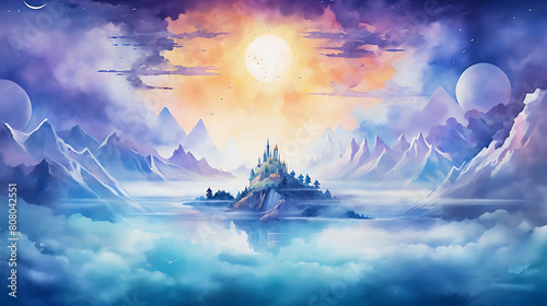 Craft a watercolor background featuring a surreal landscape of floating islands in the sky