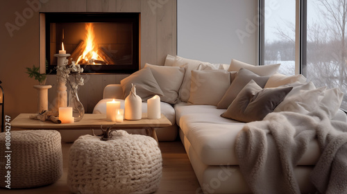 Knitted pillow accents the sofa in a modern living room, creating a warm ambiance by the fireplace, reflecting Scandinavian home interior design