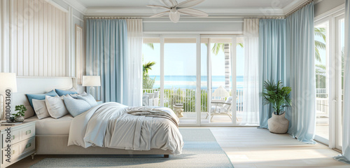 A spacious and airy master bedroom that epitomizes coastal elegance, with soft, breezy curtains, a palette of whites and soft blues,  photo