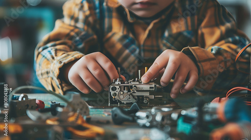A still life composition featuring a cute kid's hands assembling a vintage mechanical toy or electronic kit, emphasizing the tactile and hands-on nature of technology exploration for brain development
