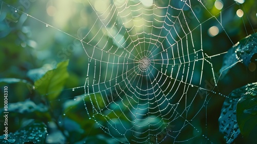 A dew-covered spiderweb shimmering in the morning light, in the style of luminous hues