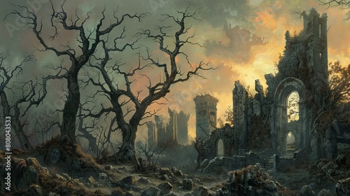 A desolate in the style of gothic illustration, 19th-century style, with gnarled, skeletal trees clawing at the sky photo