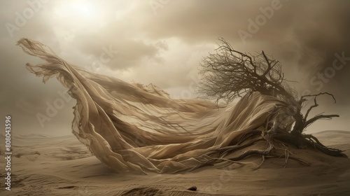 A desolate desert landscape in the style of dreamy surrealist compositions, twisted branches morphing into sand dunes, shimmering mirages as flowing fabrics photo