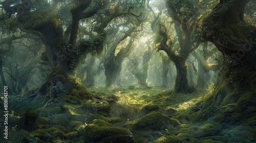 A dense illuminated by shafts of sunlight piercing the canopy, creating dappled patterns on the moss-covered ground photo