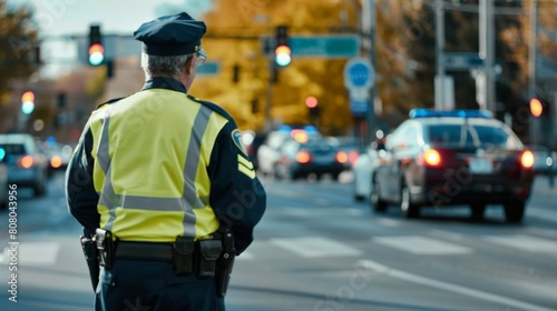 A traffic police officer directing vehicles at a busy intersection, traffic control