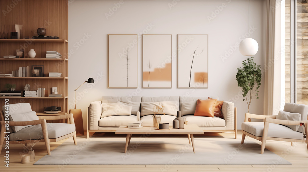 Stylish Scandinavian living room interior featuring clean lines, wooden accents, and comfortable seating arrangements, creating a warm and inviting atmosphere