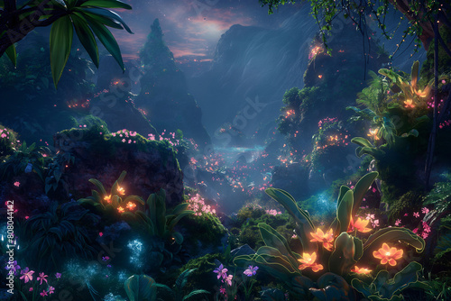 Magical landscapes comes to life  with glowing plants and whimsical creatures 