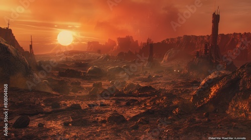 A cybernetic wasteland where rusted remnants of advanced technology litter the scorched earth beneath a blood-red sky, while roving bands of scavengers traverse the desolate landscape 