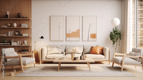 Stylish Scandinavian living room interior featuring clean lines, wooden accents, and comfortable seating arrangements, creating a warm and inviting atmosphere