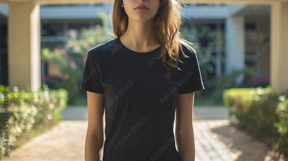 Young Model Shirt Mockup woman wearing black tshirt in campus in daylight Shirt Mockup Templat Young Model Shirt Mockup woman wearing black tshirt in campus in daylight Shirt Mockup Templat
