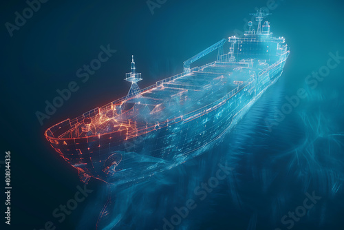 A wireframe-based visualization against a glowing translucent background, depicting a cargo ship in a futuristic and abstract manner. photo