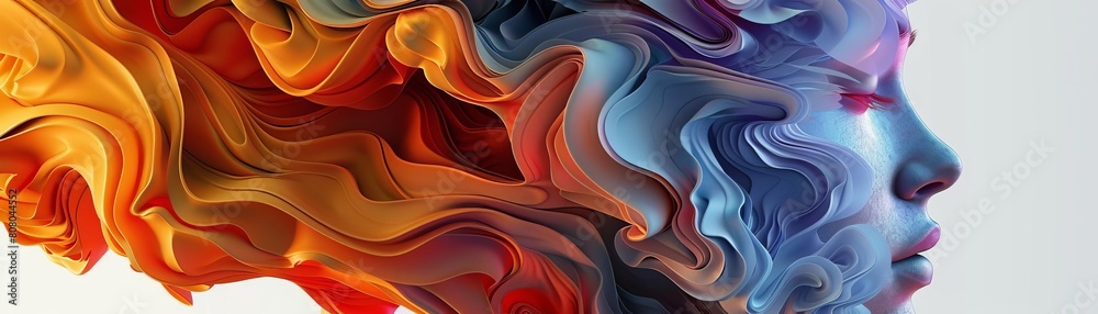 Obraz premium A colorful, abstract painting of a woman's face with a blue and orange swirl. The painting is full of energy and movement, and it seems to be a representation of the inner workings of the mind