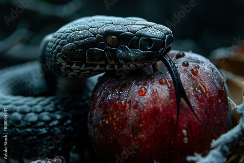 Close-up of a black rat snake with a red apple in the background photo