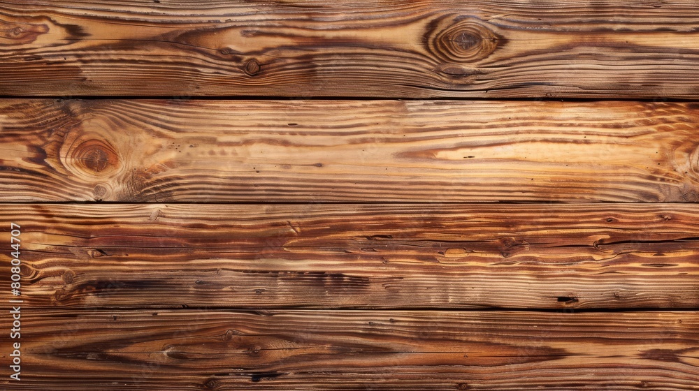 Fototapeta premium Richly Stained Pine Wood Planks Displaying Deep Natural Grain and Knots for Interior Design.