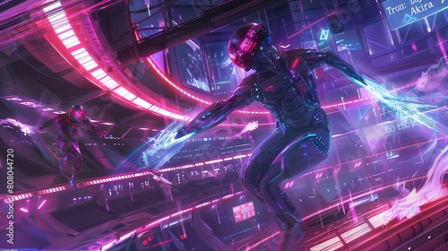 A cybernetic arena where futuristic gladiators battle amidst a neon-lit spectacle of flashing lights and pulsating music