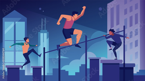 As the city lights flicker in the background fearless athletes showcase their strength and agility scaling over walls and swinging from metal bars in. Vector illustration