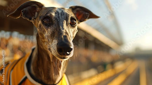 A closeup of Greyhound Racing Greyhound  against Track as background  hyperrealistic sports accessory photography  copy space