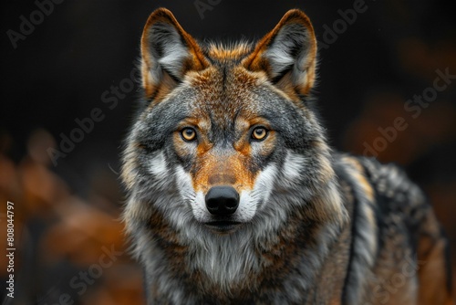 Portrait of a gray wolf in the autumn forest   Close-up