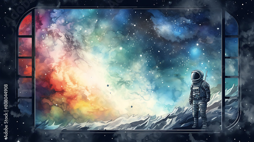 Craft a watercolor background featuring a lone astronaut observing a nebula from a space station window photo