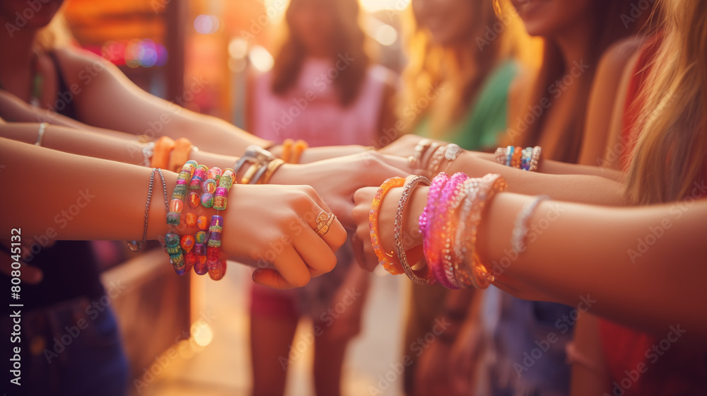 A group of friends sharing a kandi bracelet, a symbol of friendship forged at a music festival 