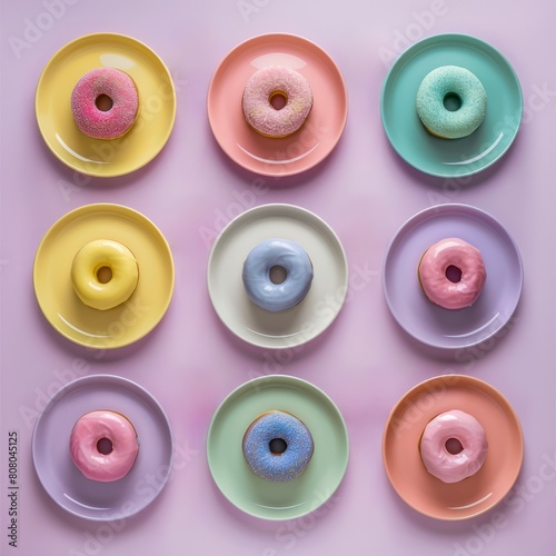 Minimal flat lay pattern of colorful donuts on small plates isolated on pastel background.