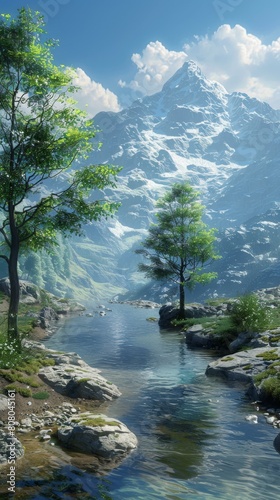 mountain stream in valley with snow capped mountain in distance