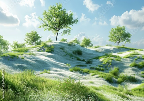 Small hills covered with white and green grass under the blue sky