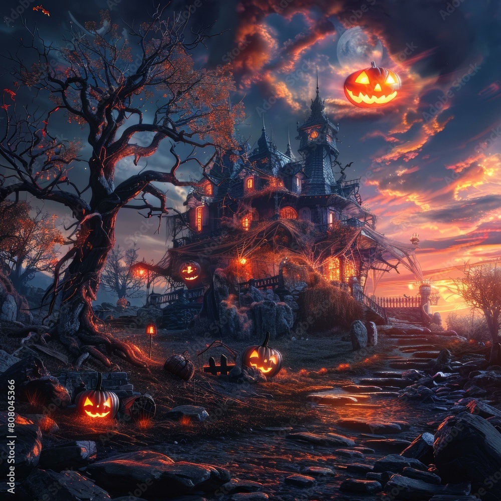Spooky Haunted House With Pumpkins In The Front Yard