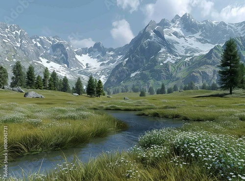 majestic mountains with river and flowers