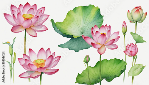 Abstract watercolor collection of lotus and lily flowers  hand-drawn illustrations with a focus on botanical beauty and elegance