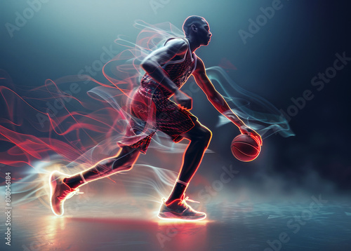 Dynamic basketball player in a powerful dribble with vibrant motion effects