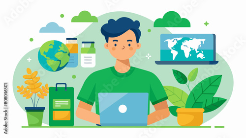 A young ecoentrepreneur launching an ecommerce site selling reusable and sustainable products utilizing their online presence to promote green living.. Vector illustration