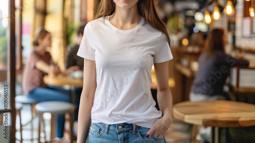 Young Model Shirt Mockup woman wearing white tshirt in coffee shop in daylight Shirt Mockup Templat