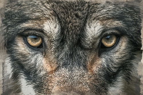 Close-up portrait of a gray wolf,  Digital painting on canvas photo