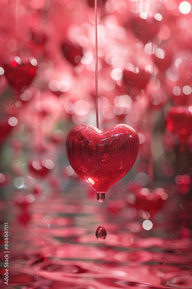 Single red heart dripping water with a blurred background of red hearts Single red heart dripping water with a blurred background of red hearts