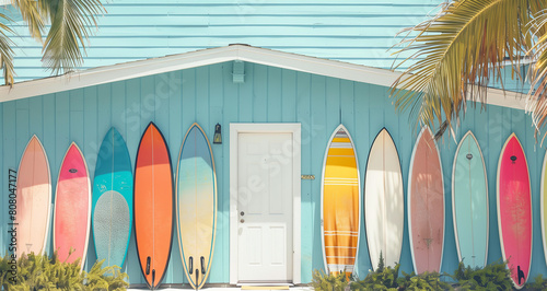 Colorful surfboards lined up in front of blue house with white door, vintage style, pastel colors, beach scene, tropical vibe