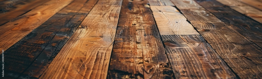 Wide Angle View of Rustic Wooden Flooring, Emphasizing Natural Imperfections and Textural Depth. Wide Angle View of Rustic Wooden Flooring, Emphasizing Natural Imperfections and Textural Depth.