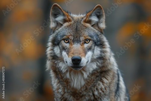 Portrait of a wolf in the autumn forest, Close-up