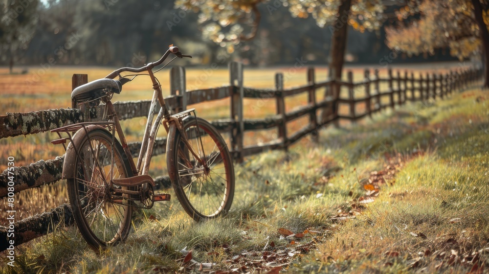 A conceptual photo of an old-fashioned bicycle leaning against a rustic fence, symbolizing carefree days of childhood adventures and exploration, 