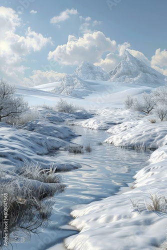 A frozen river runs through a snowy valley