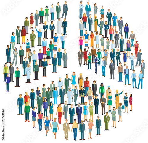 Eine große Gruppe von Menschen bilden ein Friedens Symbol, isoliert auf weißem Hintergrund, Illustration