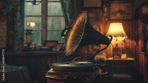 A conceptual photo of an antique record player spinning vinyl records, filling the room with melodies from a bygone era and transporting listeners back in time photo