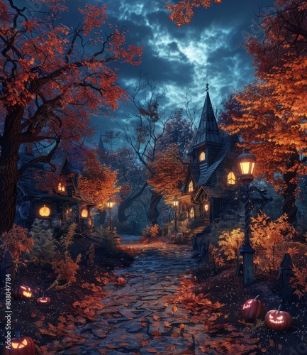 Spooky Halloween Village With Pumpkins And Haunted House