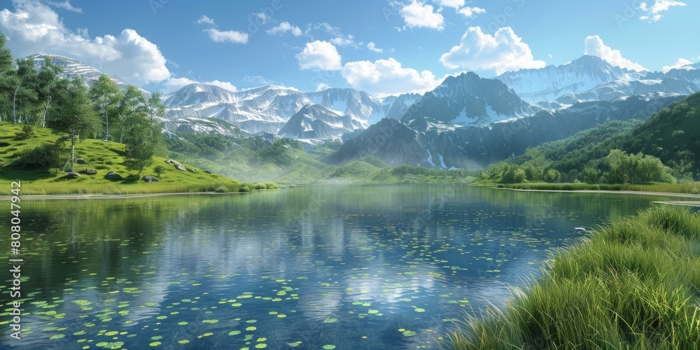 Naklejka premium Mountains, lake and green field