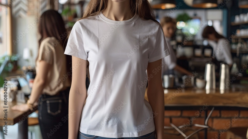 Young Model Shirt Mockup woman wearing white tshirt in coffee shop in daylight Shirt Mockup Templat Young Model Shirt Mockup woman wearing white tshirt in coffee shop in daylight Shirt Mockup Templat