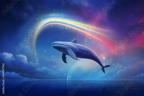 Lightcore Whale Soaring in Rainbow Spark Laden Sky of Lofi Art