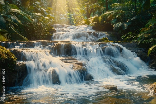 Waterfall in Rainforest  Soft light on cascading water  Surrounded by lush vegetation  Eye-level view  Greens and browns  Afternoon