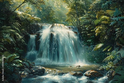 Waterfall in Rainforest  Soft light on cascading water  Surrounded by lush vegetation  Eye-level view  Greens and browns  Afternoon